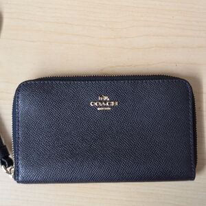 Coach Dark Blue Zip Around Wallet with Gold Logo